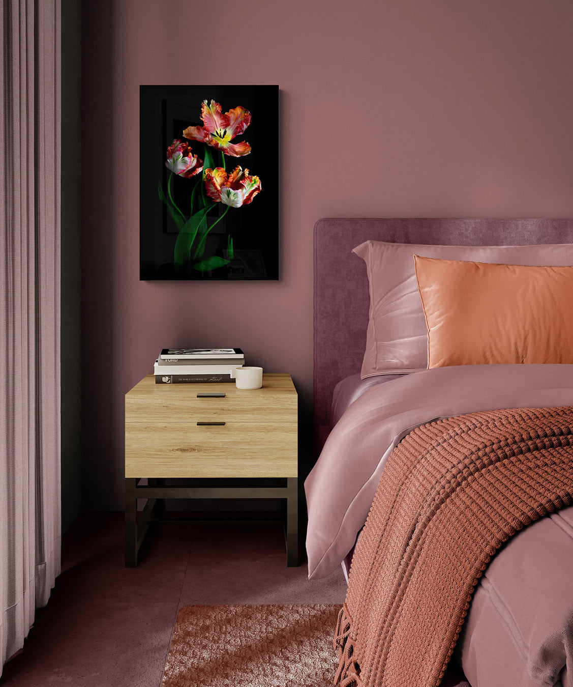 Bedroom with a bed, nightstand, and wall art of flowers.