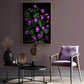 Large botanical print of Purple Violsa with green foliage framed and hng on a pale mauve wall. 
