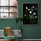 Framed dark botanical print of white Ranunculus , Narcissi, Hellebores and Skimmia photographed on a black background, hung on a green wall.