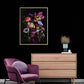 Dark botanical print featuring Tulips, Ranunculus and Narcissi with a narrow frame on a dark wall created by UK Art Photographer
