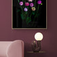 A dark botanical photograph of cool toned Dahlias and Zinnias on a black background., framed and hung os a plum coloured wall.