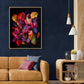 Dark botanical photographic print, featuring Cotinus and Viburnum leave in autumn colours on a black background., framed and placed on a teal coloured wall.