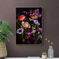 Botanical print featuring Tulips, Ranunculus and Narcissi with a narrow frame  on a dark wall created by UK Art Photographer